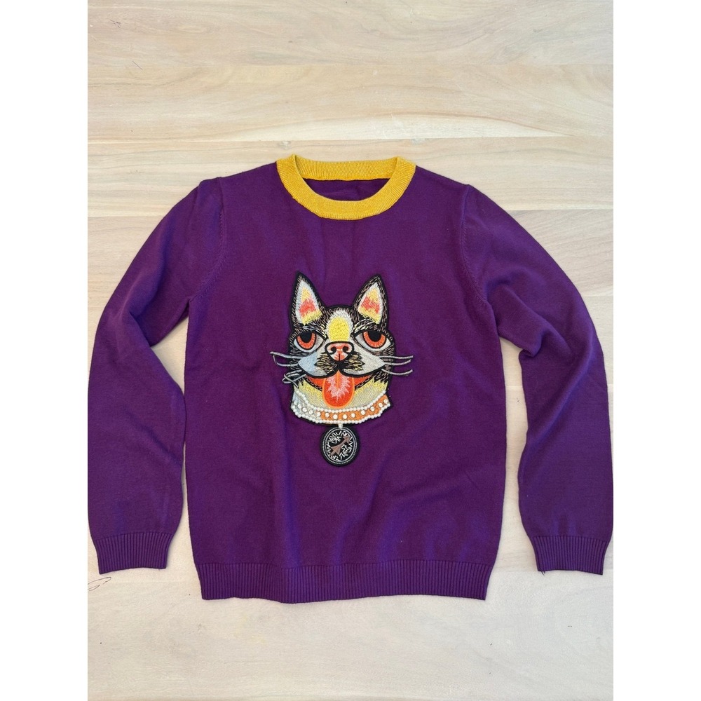 Purple Knit Sweater Embroidered Cat Patch Pearl Collar Ringer Neck XS/S